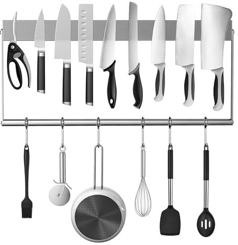 Eikovia Magnetischer Messerhalter für Wand, 40,6 cm, magnetischer Messerstreifen, Edelstahl-Messerhalter mit 6 Haken, Küchen-Magnethalter für Messer, Hängelöffel, Schneebesen, Scheren