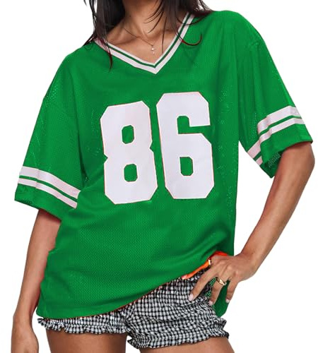 Qianderer Camicie da donna in jersey Y2k con numero grafico oversize magliette con scollo a V camicie a maniche corte carino calcio streetwear T Shirt Top, Bc Verde Scuro 86, XL