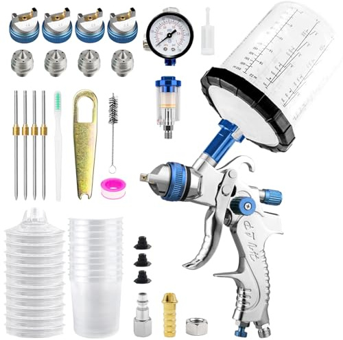 HVLP Pistola a spruzzo con 10 Tazza di Vernice Usa e Getta, 650ML, Professionale Pistola per Verniciare 4 ugelli da 1,4 mm/1,7 mm/ 2,0 mm/2,5 mm, Manometro per primer, trasparente, top coat e ritocco