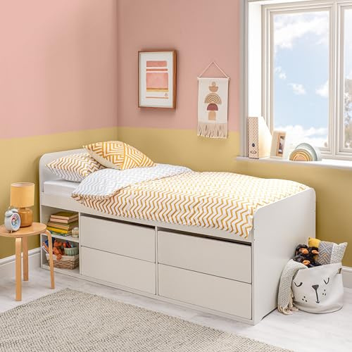 Home Treats White Wooden Raised Cabin Bed Frame With 4 Storage Drawers 2 Shelves for Children Kids Teenagers (No Mattress)