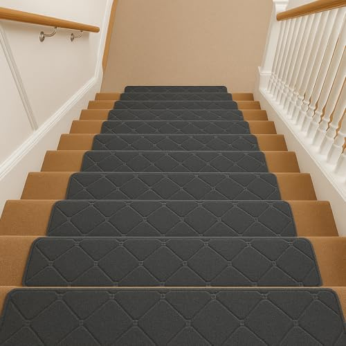 Youyijia 15PCS Anti-Slip Stair Tread Pads - 65x20cm Carpet Stair Treads Mats Self Reused Step Protectors Cover Mat for Kids Elders Pets Stair Carpet Tiles Black (Gery 2)