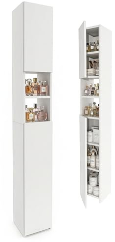 möbelkap Badezimmerschrank Weiß 24×31×172 cm – Badschrank Hochschrank schmal, modernes Badmöbel mit Türen & offenen Fächern, viel Stauraum für Handtücher und Kosmetik