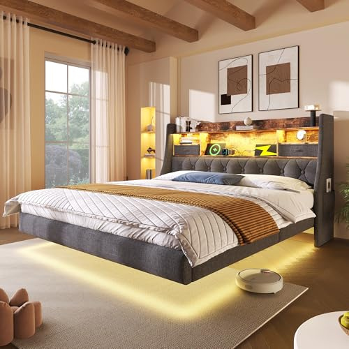 IHO SOFA Doppelbett Polsterbett Schwebebett 180x200cm mit Stauraum Kopfteil | Modernes in Leinen | Inkl. Massivholz Lattenrost, Als Gästebett und Jugendbett nutzbar, Grau (Ohne Matratze)