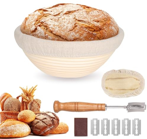 1er-Set Gärkörbchen, Gärkorb Brot Set, Runde Gärkorb Zum Brotbacken-Set | Brotkorb Mit Brotmesser mit fünf Klingen, Waschbarem Leineneinsatz, für Professionelle und Häusliche Bäcker, Brotbacken