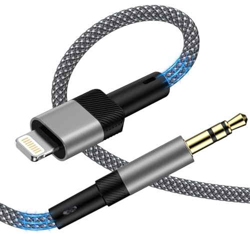 Câble auxiliaire pour iPhone en voiture vers iPhone - Adaptateur jack 3,5 mm en nylon tressé pour iPhone 14 Pro Max 13 12 11 Pro 11 - Pour haut-parleurs stéréo de voiture - iPad - Gris