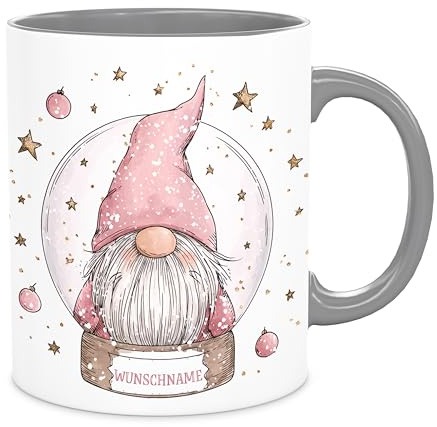 Wichtel - bedruckte Tasse - personalisierbar mit Wunschname, Geschenkidee zu Weihnachten, Keramik Kaffeebecher, Schneekugel Motiv, spülmaschinenfest, 300ml (grau)