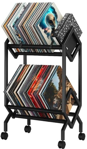 SUNNYNEST Vinyl Record Storage Holder Metal CD Rack with Casters Book and Record Storage Organizer Protects Vinyl Quick Assembly Easy to Move Organizer Shelf