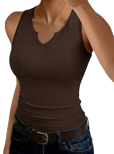 Aottori Canotta Donna Estiva Basic Top Slim Fit Scollo a V Canottiera a Coste Elasticizzato Shirts Senza Maniche Sexy Tanktop Casual Marrone S