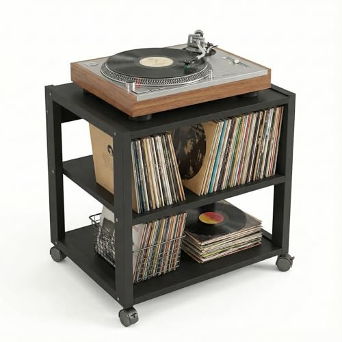 GTYMTTX Mueble HiFi Rack Audio de 3 Niveles, Soporte para Tocadiscos con Almacenamiento de Vinilos, Estante Abierto con Ruedas y Frenos, Mesa para Equipos de Audio, 50x40x48,5cm