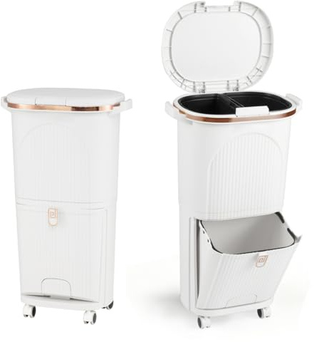 LIFEZEAL 38L / 42L Mülleimer auf Rädern, Abfalleimer mit 3 Fächern & Deckel, Tretmülleimer mit Griff, Küchenmülleimer Abfallbehälter für Küche, Wohnzimmer & Büro (38L,Weiß)