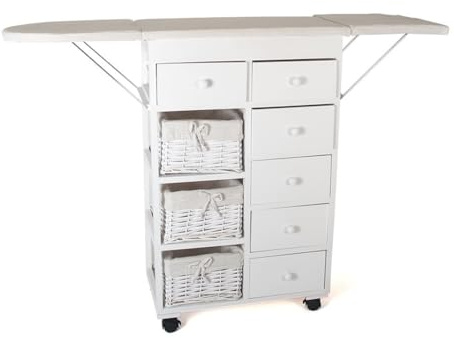 DRW Meuble à Repasser en Bois avec tiroirs et Ailes Pliables 122,5 x 30 x 83,50 cm