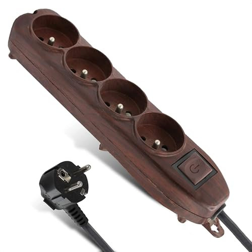 FISHTEC Multiprises Electriques 5 Prises Couleur - Bloc Multiprise Interrupteur Général + pour Chaque Sortie Stickers (Bois)