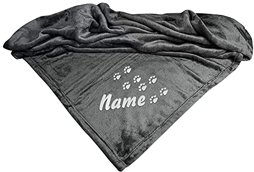 Schecker Bestickte Mikrofaserdecke Premium Hundedecke mit Hundenamen - Viele Farben - Viele Motive - bei 60 Grad Waschbar (Anthrazit, Pfotenspur mit Name)