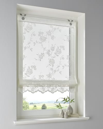 Kutti Raffrollo Florence Rose Spitze Volant Breite 45 cm x Höhe 130 cm Offwhite - Werkzeugfreie Installation, Lichtfilterung - Polyester, Weiß