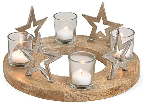 matches21 Advent Wreath Advent Arrangement Wood with Metal Stars and Glass Candle Holder Table Decoration Silver Brown Diameter 30 x 12 cm