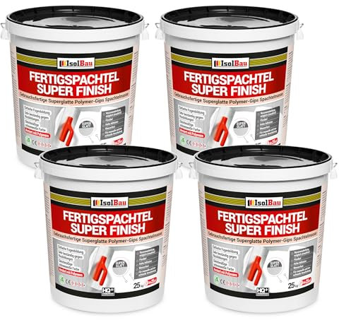 Isolbau Super Finish Spachtel 80 kg, Glättspachtel Fugenspachtel, Gebrauchsfertige Polymer-Gips Fertigspachtel Spachtelmasse für innen, Weiß Q1-Q12