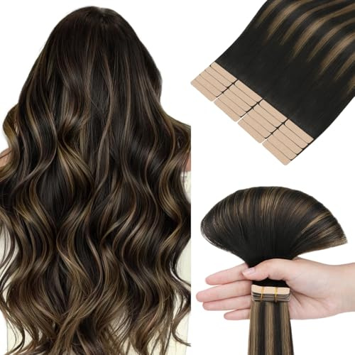 hotbanana Tape in Extensions Echthaar 60cm | Remy Hair Invisible Natürliches Schwarz bis Chestnut Braun Haarverlängerungen Echthaar Tapes 20PCS 50g