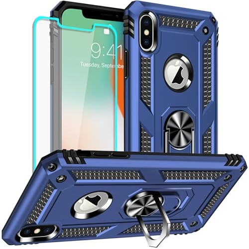 Yiakeng iPhone X Hülle, iPhone XS Hülle, mit Schutzfolie, Stoßfest Schutzhülle Mit Ring Standfunktion Case Cover für Apple iPhone X/Xs (Blau)