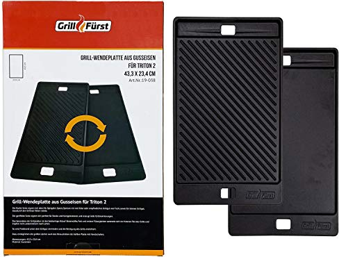 Grillfürst Universal Gusseisenplatte Grill 43,5 x 23,5 cm - massive Gusseisen Grillplatte mit großen Griffen, Gussplatte beidseitig verwendbar, geeignet für Landmann Triton 2