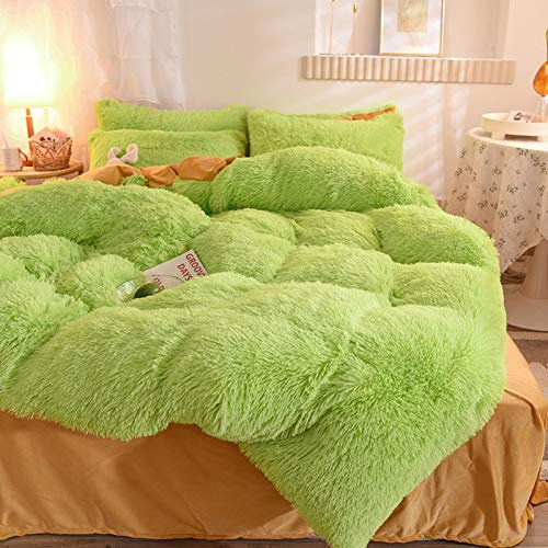 LGYKUMEG Bed linen green warm winter plush long hair fluffy flannel beaver duvet cover with zipper and pillowcase,220 * 240cm