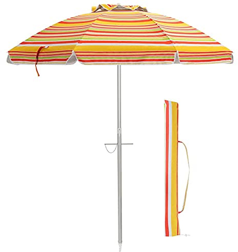 GYMAX Ø 198 cm Gartenschirm Strandschirm Terrassenschirm neigbar, runder Sonnenschirm aus Polyester, Marktschirm mit Tragetasche, mit Sonnenschutz UV 50 +, für Garten, Strand (Orange)