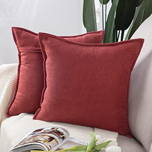 Madizz 2er Set kurzen Chenille Zierkissenbezüge weicher dekorativer Kissenbezug für Sofa, Schlafzimmer Kissenhülle Burgund 60x60 cm Quadrat