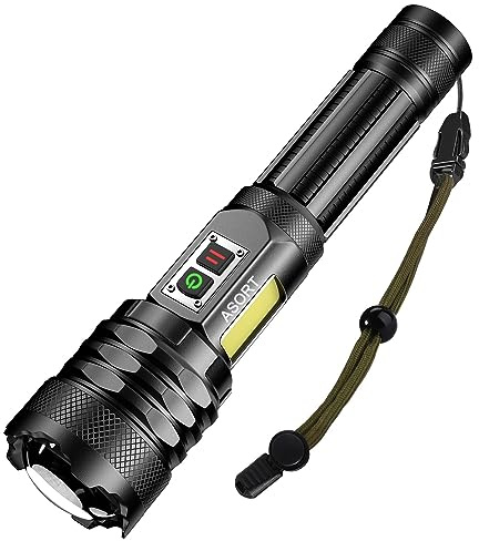 ASORT led taschenlampe 30000 Lumen extrem hell, mit COB Seitenlicht, Type-C Aufladbar, IPX67 Wasserdicht,Taktische 9 Lichtmodi, mit Magnet für Camping Wandern Notfälle