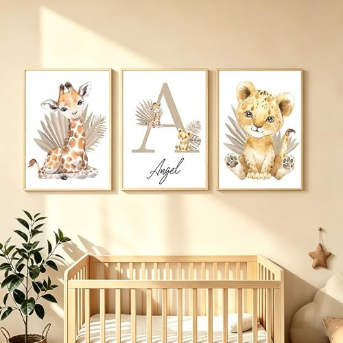 Youihom 3 Bilder Personalisiert Kind Name Leinwanddrucke Kinderzimmer Babyzimmer Dekoration Poster Giraffe Blätter Löwe Pflanze Zimmer Deko Segeltuch 30 x 40 cm ohne Rahmen
