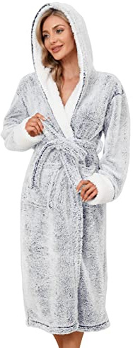UMIPUBO Badrock dam fluffig, fleece morgonrock dam lång, mjuk och bekväm badrock med huva S–XL, vinter tjocka badrockar presenter för kvinnor, marinblå, M