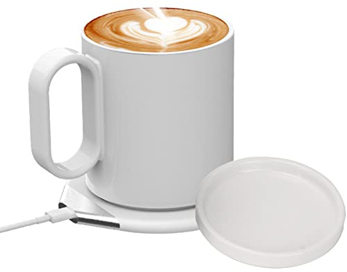 Kaffeewärmer, Selbstbeheiztes Tassen- und Deckelset für Den Schreibtisch mit Kabellosem Aufladen, Intelligenter Erkennung, um Tee, Kaffee, Milch Heiß zu Halten, Automatische Abschaltung,(Weiß)