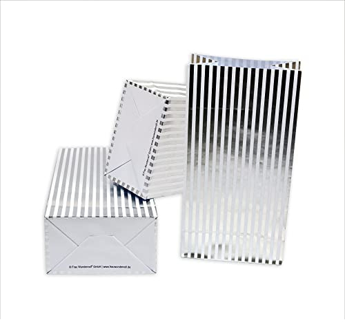 Frau WUNDERVoll® 12 Papiertüten mit Boden,weiß, Silber Streifen, 12x7x24cm/Blockbodenbeutel,Tüte,Papierbeutel,Papiertüte, Geschenktüte, Geschenkbeutel,Gastgeschenk,Hochzeit,Mitgebseltüte,Falttasche