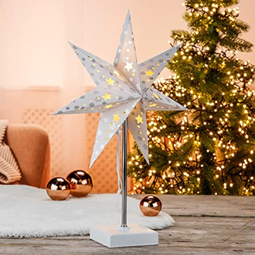 Mojawo Tischlampe LED - mit Papierstern H47cm inkl. Auto-Timer Dekostern Batteriebetrieben An/Aus Schalter Tischleuchte