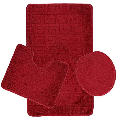 3-Teilig Bad Garnitur Badematte Badvorleger Wasser absobierend Muster rutschfest Rot