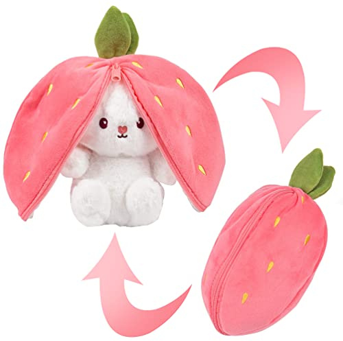 Vibbang Easter Plush Bunny Toy, Reversible Carrot Strawberry Pillow With Zipper, Cute Plushies Doll, Stuffed Animals Rabbit Muppet Toys for Boys Girls Kids Adults (Pink)