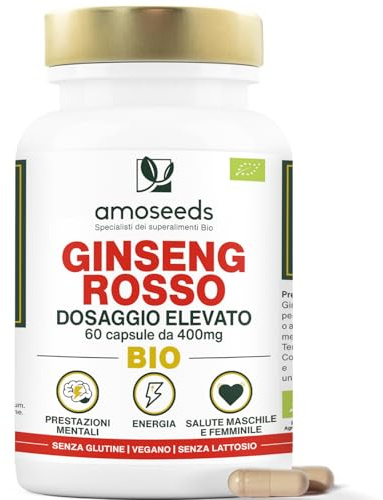 Panax Ginseng Rosso Coreano BIO | Esstrato Alto dosaggio | Energia, Vigore, Antistress, Concentrazione | 60 capsule da 400mg pure e naturali | Qualità Superiore