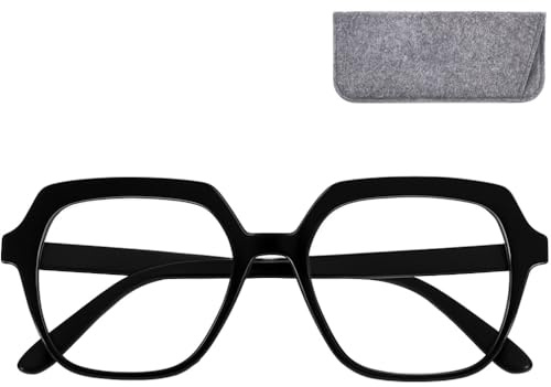 Sechseckige Oversize Blaufilter Brille Damen mit Stärke, Etui | Große klare Gläser, leichter Kunststoffrahmen und Filzetui für PC, Tablet, Smartphone und Büro.
