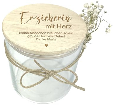 mamir home Abschiedsgeschenk Erzieherin mit Herz | Lehrerin mit Herz Geschenk | personalisierte Geschenke Erzieherin | Vorratsglas (Erzieherin/Lehrerin mit Herz - Kleine Menschen + Name, Höhe 10,6cm)