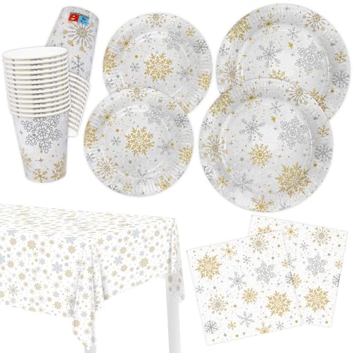 Weihnachtsteller Weihnachtsservietten Weihnachtsbecher 100er-Set Partygeschirr Pappteller Servietten Pappbecher mit Tischdecke Schneeflocke Gold Silber für Weihnachten