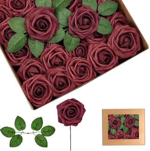 25 Stück Künstliche Blumen Rosen Wein Rot,Deko Blumen,Schaumrosen mit Stielen Basteln, Kunstrosen für Bouquet Brautstrauß,Hochzeit,Silberhochzeit,Geburtstagsdeko,Heimdekoration, Arrangement Party Deko