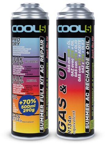 Cool5 Summer Kit complet de réparation de climatisation AC 5 en 1 (gaz de rechange R134a), 290 g, remplacement de gaz réfrigérant avec huile (R134a & R12 gaz de remplacement), pour voitures 1995-2016