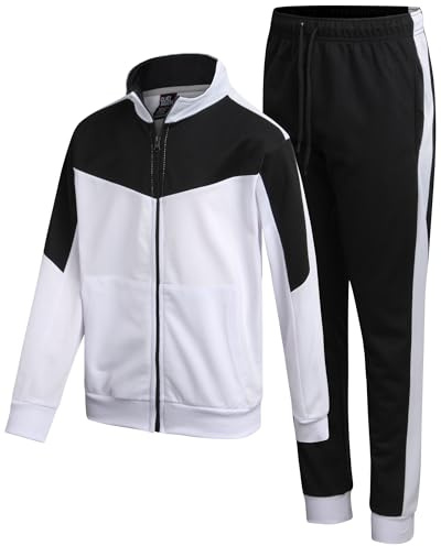 Quad Seven Boys Tracksuit Set - 2 Piece Athletic Tricot Zip Up Boys Sweatshirts and Jogger Pants Outfit (Sizes 4-18), Size 12-14, White