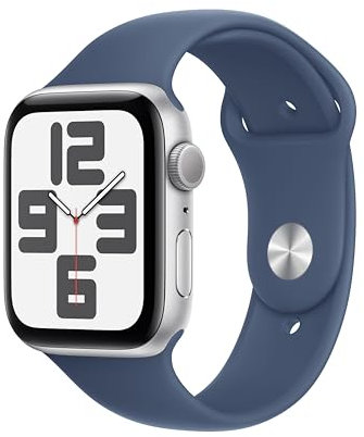 Apple Watch SE de 2.ª generación GPS Smartwatch con Caja de Aluminio en Plata de 44 mm y Correa Deportiva Azul Denim - Talla M/L. Monitores de entreno y sueño y Resistencia al Agua