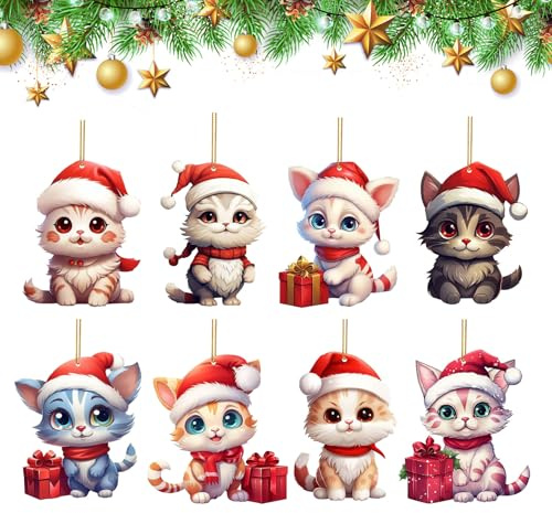 XQMMGO 8 Stück Weihnachtsbaumschmuck, Weihnachtsbaumschmuck Tiere lustig, Acryl Spaß Weihnachten Ornamente, für Veranda,Flur,Büro,Wohnheim,Urlaub (Geschenk Katze)