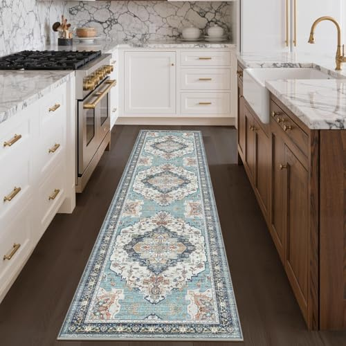 GENIMO Vintage Teppichläufer Aquablau, Waschbar, 80x300 cm | Ornamentales Vintage-Medaillon in Aquablau, waschbar, pflegeleicht und rutschhemmend – als Läufer für Flur und Küche.