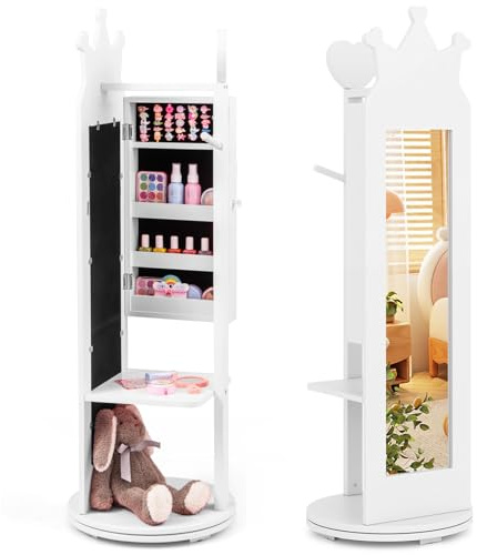 COSTWAY 4 in 1 Kinder Schmuckschrank, Spiegelschrank 360° drehbar mit Ganzkörperspiegel & Kleiderständer, Schmuck-Organizer mit Haken & Ablage, Schmuckständer für Mädchen ab 3 Jahren (Weiß)