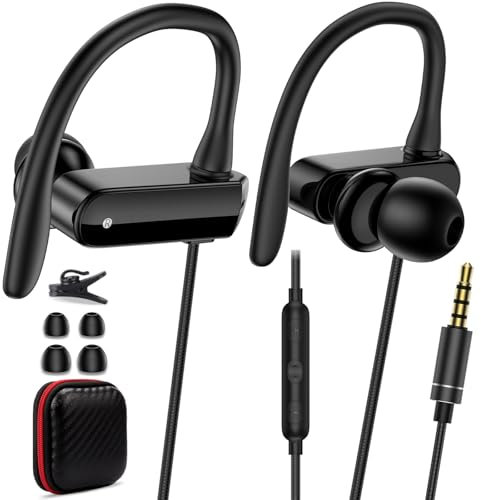 Auriculares deportivos con cable de 3,5 mm con micrófono, para correr, entrenamiento, sobre la oreja, con gancho para la oreja, conector jack de 3,5 mm, cancelación de ruido para iPhone, Samsung