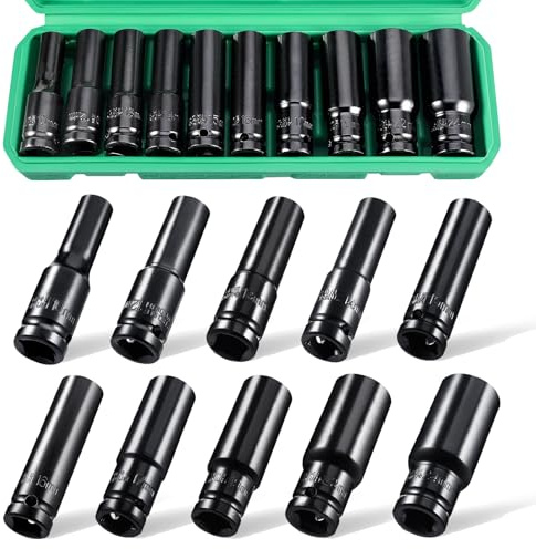 1/2 Impact Socket Set, 12 Piece Deep Sockets, 6-Point, Rugged Construction, Cr-V, Drive Socket Set Impact Metric 10mm - 24mm, with a Storage Cage