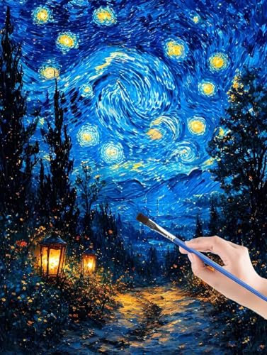 Starry Sky Malen Nach Zahlen Erwachsene DIY Handgemalt Ölgemälde Kit für Anfänger und Erwachsene Wald Acrylpigment für Kinder Gemälde kreatives Geschenk Home Haus Deko Ohne Rahmen 60 x 80 cm 5V-N