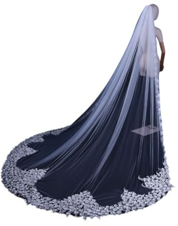 SYBNIKOLF Brautkleid, Brautschleier, 3D-Blumen-Brautschleier aus weißem Tüll for Hochzeiten mit Perlen und Kamm, eleganter Schleier for Frauen, 118,11 Zoll
