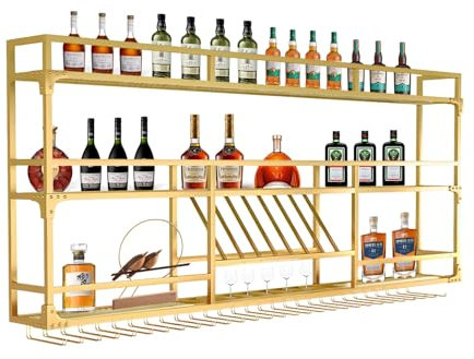 ZYYLIVR Weinregal Wand Mit LED-Licht, Flaschenregal Hängend Wandbar, Weinglashalter, Wandmontage Weinständer, Für Zuhause, Küche, Restaurant, Bars(Gold,150x90cm/59x35.4in)